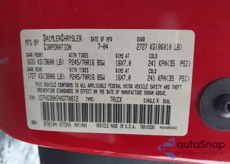 2004 Dodge Dakota Sport/Sxt из США, поврежденный, VIN 1D7HG38N74S770812